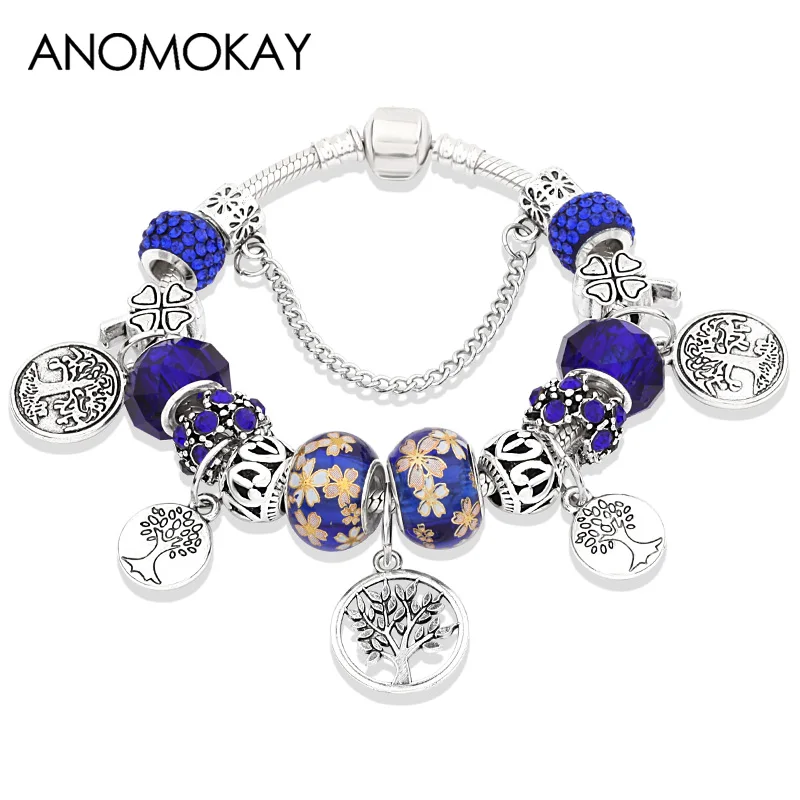 P80829 Dark Blue Leabyl дропшиппинг темно-синее Дерево жизни DIY амулет, серебряный браслет цвет растение сердце браслет ручной работы из бусин Pulsera Hombre - Окраска металла: P80829 Dark Blue