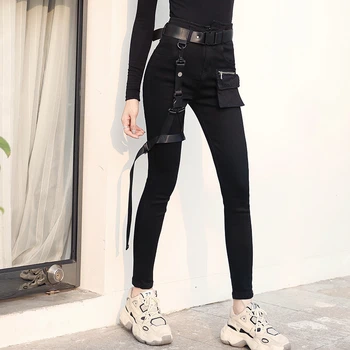 

Spring Autumn Female Streetwear Retro Trousers hip hop High Waist Women Black Jeans Leg Ring Sashes Skinny Punk denim Pants K101