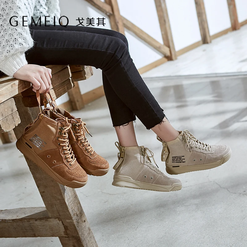 

GEMEIQ Genuine Leather Cow Suede Short Martin Boot Women British Style 2019 Winter New Series Rivet Decorative Boots