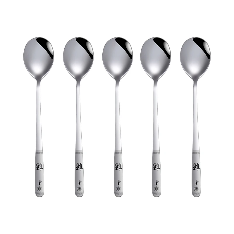 5pcs/set Stainless Steel Spoon Long Handle Korean Creative Laser Pattern Tableware Hotel Restaurant | Дом и сад