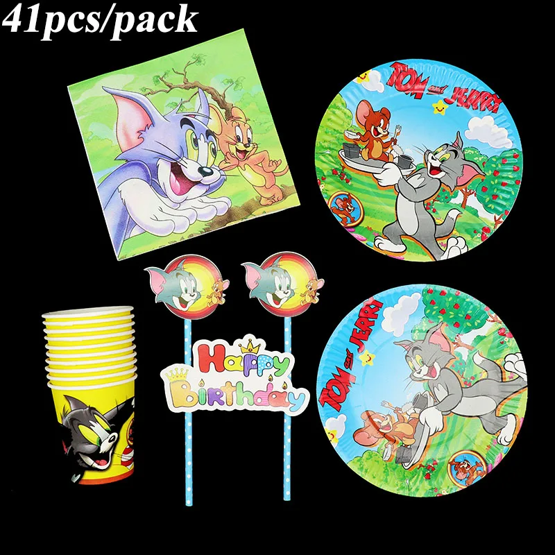 

41pcs/lot Tom and Jerry disposable party tableware set Tom and Jerry plates cups napkins tablecloths Tom Jerry party decorations