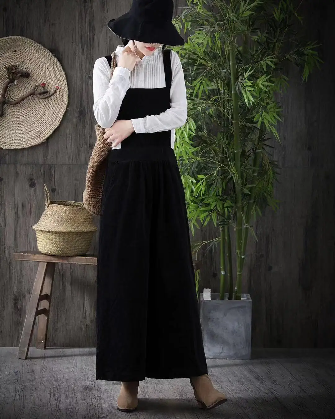 Corduroy pure color restoring ancient ways straps wide-legged pants of height comfortable leisure joker