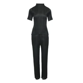 

Spring Summer 2020 Women Pleated Suit Women's Short Sleeve Top Fashion Slim Straight Pants Two-piece Set
