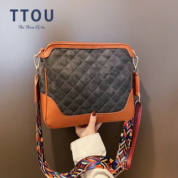 

TTOU National Patchwork Women Shoulder Bag Quality Scrub Leather Messenger Bag Wave Strip Casual Female Crossbody Bag Sac a main