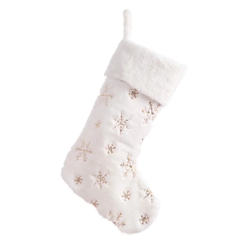

Snowflakes Embroidered White Plush Christmas Stockings Gifts Bag Hanging Loops Xmas Tree Fireplace Candy Socks