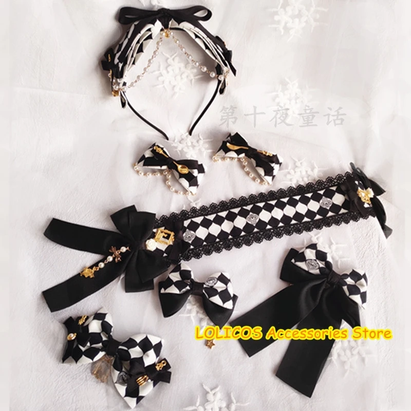 

Gothic Lolita Hair Band Anime Alice Hairpin Black White Plaid Bow JSK KC Headband Side Clip Retro Punk Cosplay Hair Ornaments