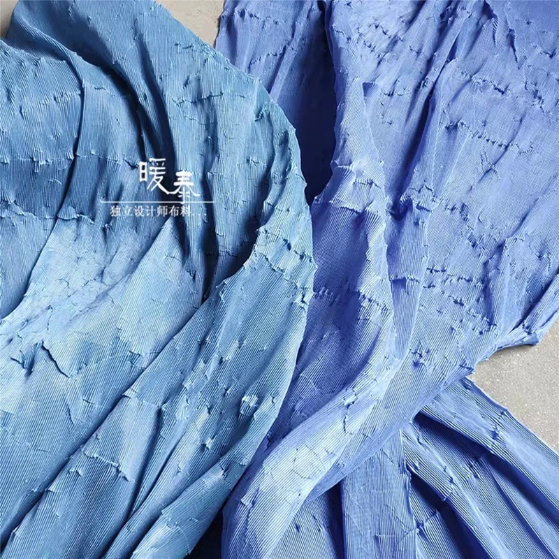 

Pleated Fabric Miyake Blue Irregular folds Imitation cotton linen DIY Patchwork bazin riche Clothes Pants Dress Designer Fabric
