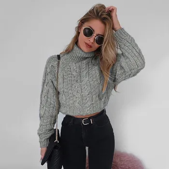 

Turtleneck Sweater Women Casual Knit Short Sweater Turtleneck Retro Autumn Winter Warm Sexy Umbilical Twist Pullovers Pull Femme