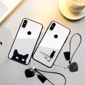 

Cat Lip Print Cute Glass Case For Xiaomi Redmi 4X 6A 7 7A 8 5 6 Pro Plus Note 5 8t K20 K30 Pro Silicone Back Wrist Strap Cover