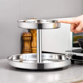 

Rotating Rack Seasoning Holder For Cabinets Stainless Steel Turntable Heavy Duty 2 Tier Kitchen Organizer Storage Shelf
