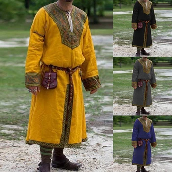 

Renaissance Cosplay Middle Age Men Medieval Costume Split Long Robe Bridegroom Aristocrat Vintage Ancient Print Halloween Viking