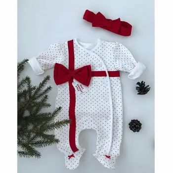 

Newborn Baby Girl Boy Kid Autumn Santa Claus Long Sleeve Dot Bandage Patchwork Romper Jumpsuit Hat Outfit Clothes