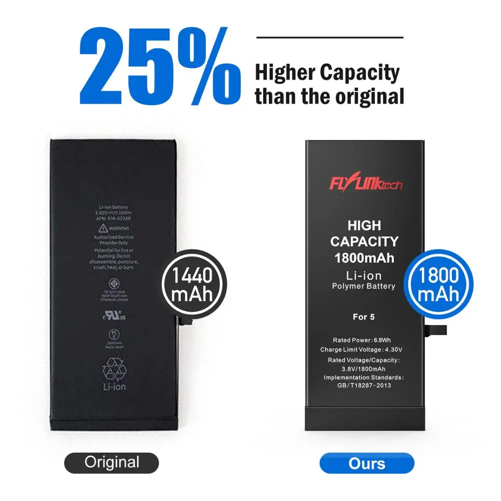 Flylinktech для iPhone 5 5S, аккумулятор, 1850 мА/ч, высокая емкость, сменные батареи для iPhone 5S, с бесплатными инструментами для ремонта