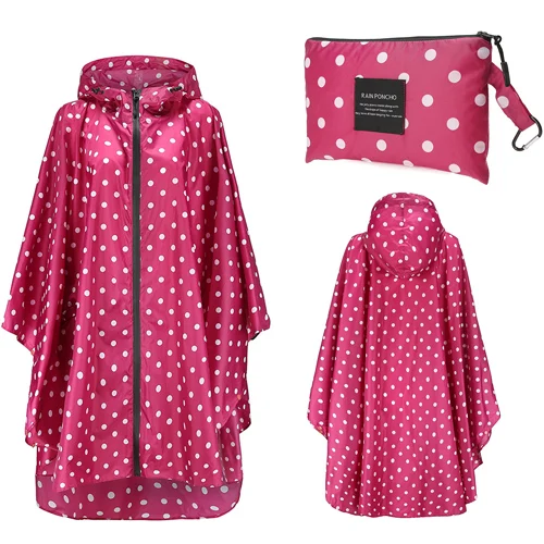 Rose Red Dots Плащ с капюшоном, женские непромокаемые плащи, Дамское пончо, плащ, дождевик в черный горошек, дождевик на молнии - Цвет: Rose Red Dots