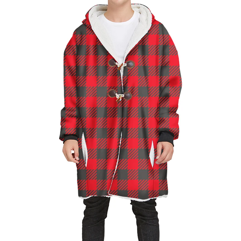 YOUTHUP New Winter Mens Long Velvet Hoodies 3D Different Plaid Printing Hooded Pullovers Thick Hoodies Streetwear - Цвет: SCA93D-JRMY-070