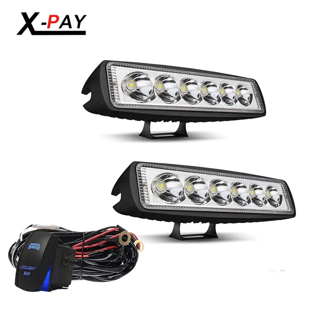 

2PCS 18W 6 Inch Spot LED Work Light Pods Single Row Off Road Led Light Driving Light Fog Light Boat Light with Harness switch
