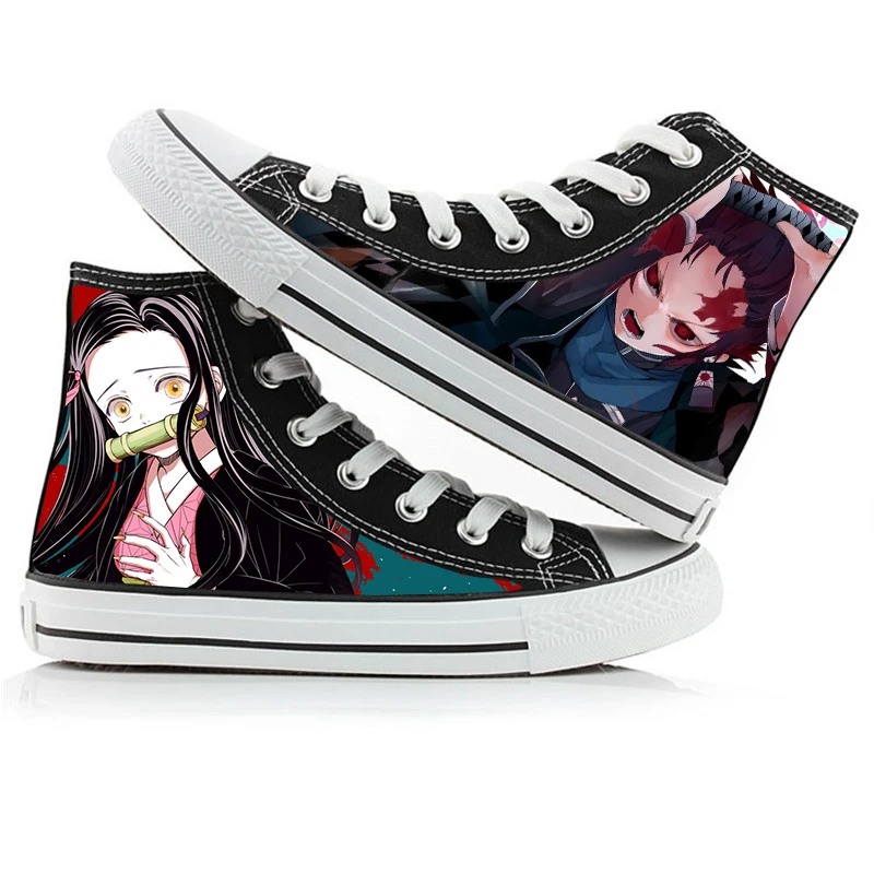 Серебристый Аниме «Demon Slayer»: Kimetsu no Yaiba Kamado Nezuko; парусиновая обувь высокого качества для мужчин и женщин; черно-белые кроссовки для влюбленных; унисекс - Цвет: Серебристый