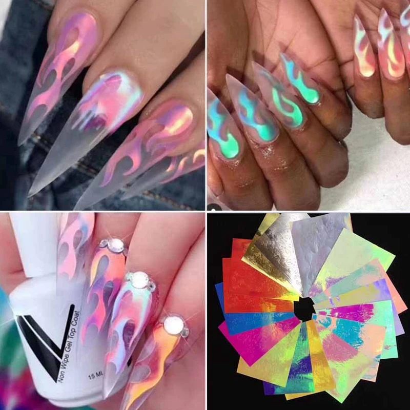 NEW-16Pcs/набор наклейка для ногтей Наклейка с пламенем наклейка для маникюра с клеем Аврора огненная наклейка для ногтей виниловая форма полый стикер