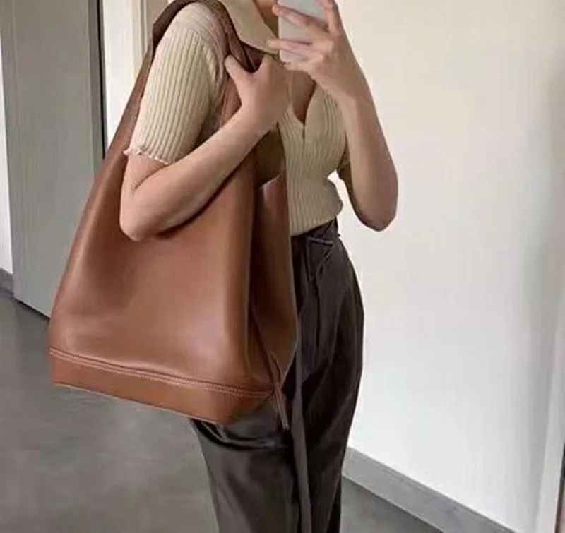 Genuine Leather Women's Vintage Tote Bag Solid Color One-Shoulder Handbag Bucket Bags New Fashion 2021 | Багаж и сумки
