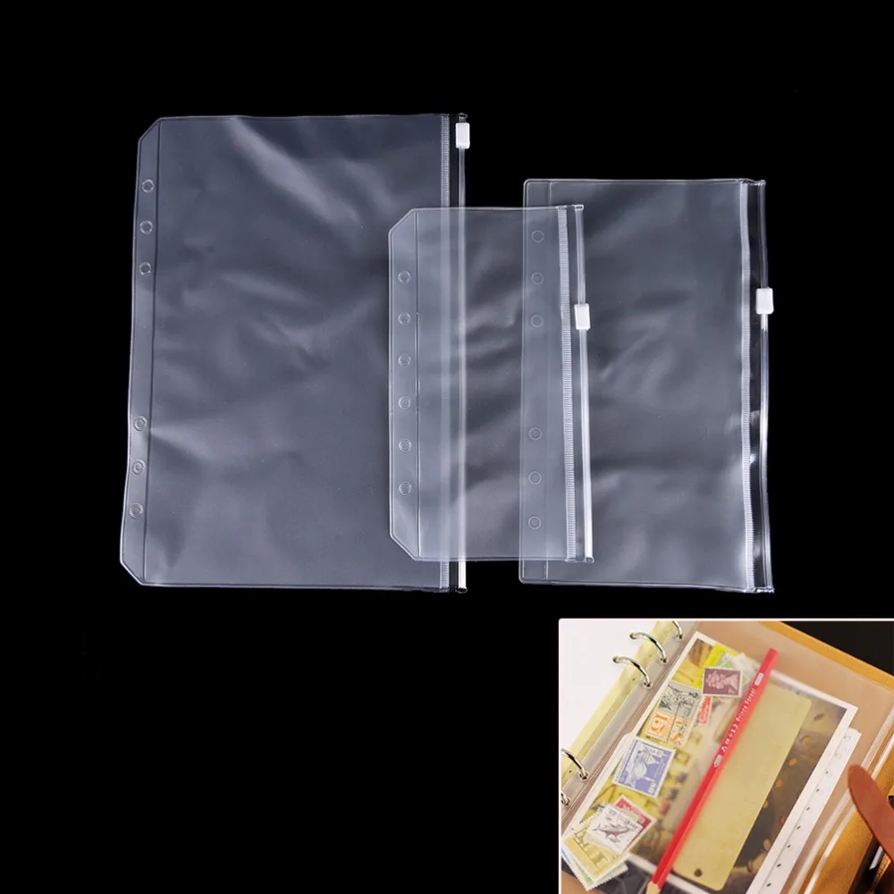 Transparent-PVC-6-Holes-A5-A6-A7-Filing-Card-Storage-Bag-Self-Sealing-Bag-Loose-Leaf.jpg Átlátszó Pvc 6 Lyukak A5/A6/A7 Idénykártya Tároló Táska Önzáró Laza Levél Tasak Cipzár - Image 5