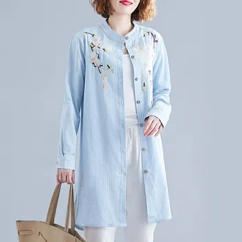 

vintage long cotton linen embroidery women shirts 2020 summer long-sleeved floral striped straight female shirts outwear tops