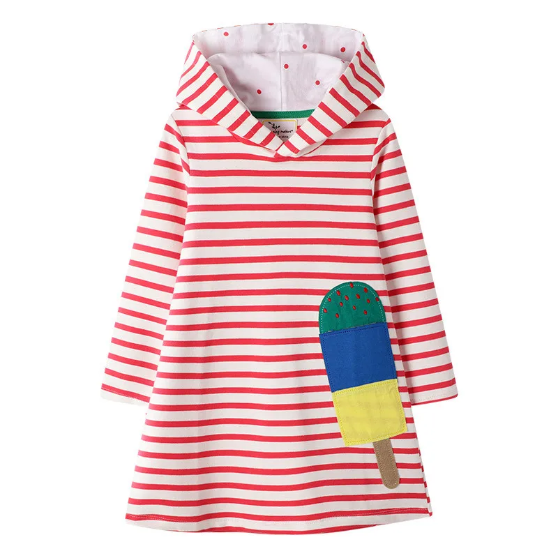 Jumping Meters New Brand Girls Hoody Dresses Ice Cream Applique Autumn Winter Princess Fashion Clothes Stripe Costume Girl Dress |