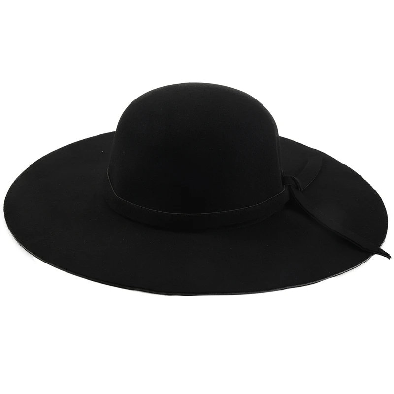 Черные мягкие дамы флоппи широкие поля Клош Fedora платье шляпа ретро шерсть бант