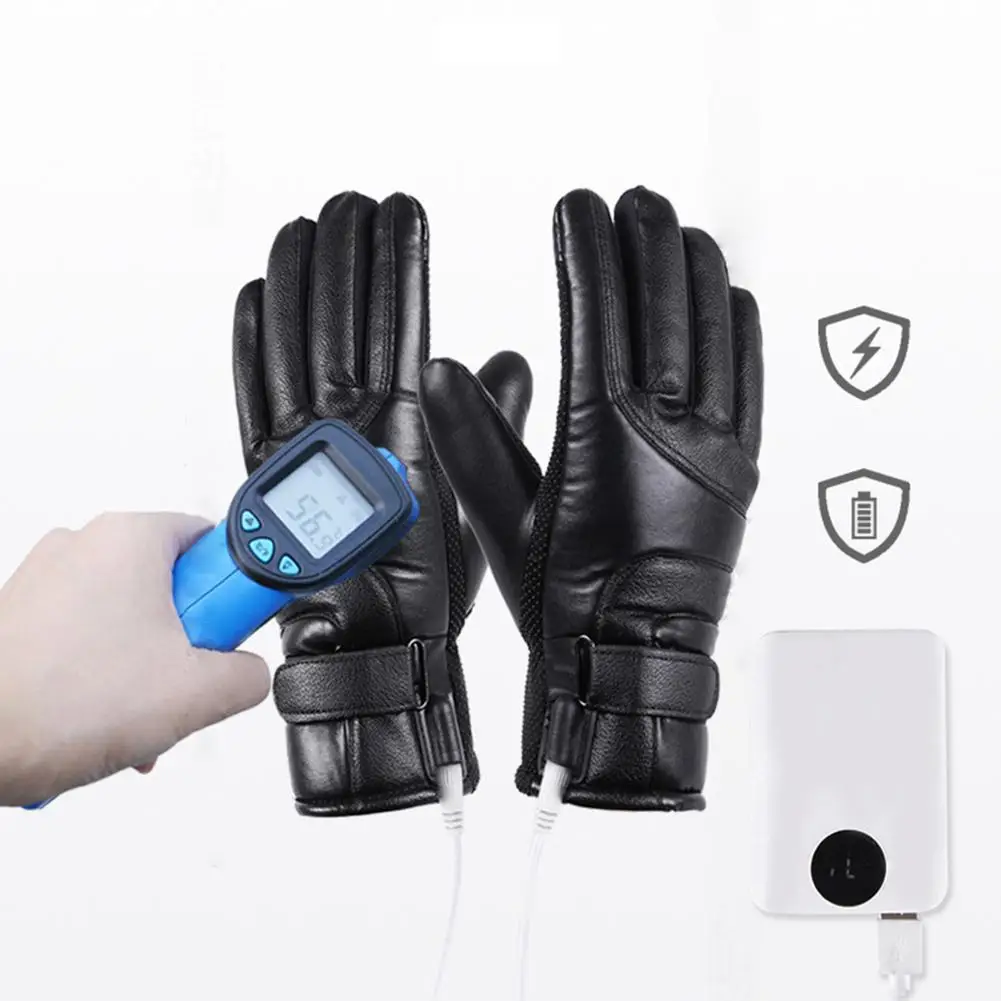 1 Pair Rechargeable Motorcycle Heating Gloves Touch Screen Non-slip PU Warm Gloves USB Charging Winter Cycling Skiing Gloves