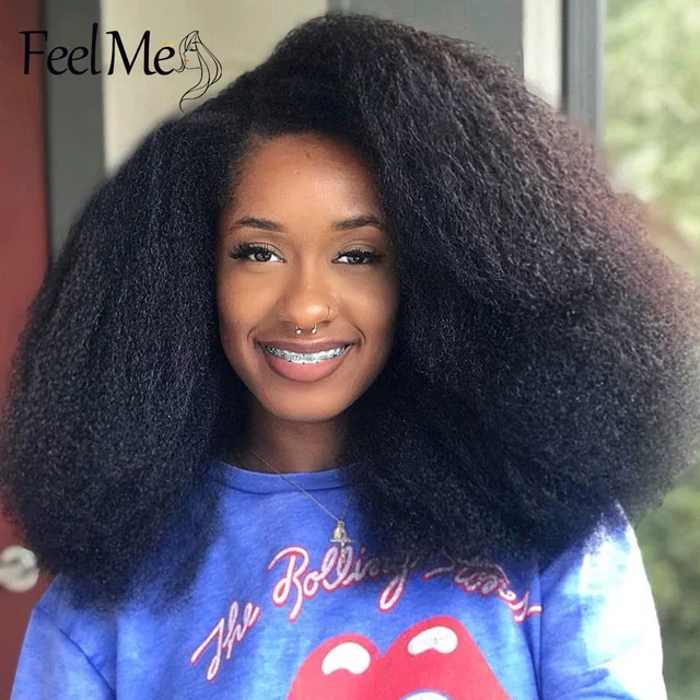FEEL ME Yaki Straight Short Afro Wig Synthetic Wigs for Black Women African Fluffy Kinky Curly Hair Natura Color Cosplay 1
