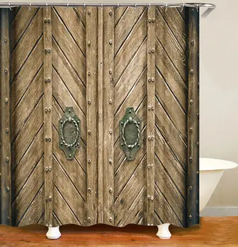 

Rustic Shower Curtains Printed Doors of An Old Rock House with French Frame Details in Countryside European Past Fabric Bathroom