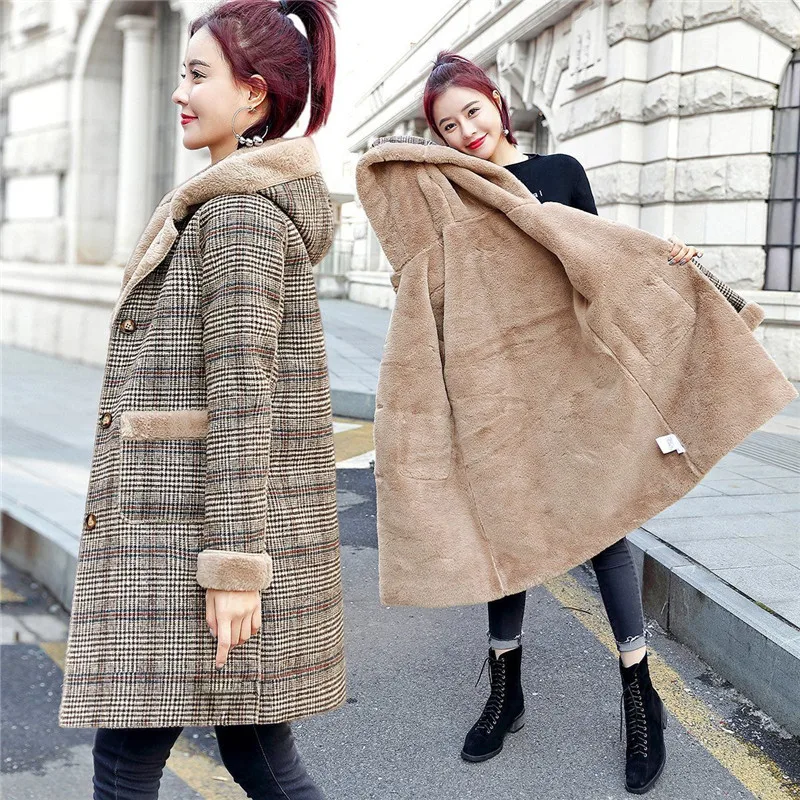 

Women Winter Woolen Coat Jacket 2021 Female Add Velvet To Keep Warm Overcoat Femme Mid-length Hooded Coats Fashion lattice Coat