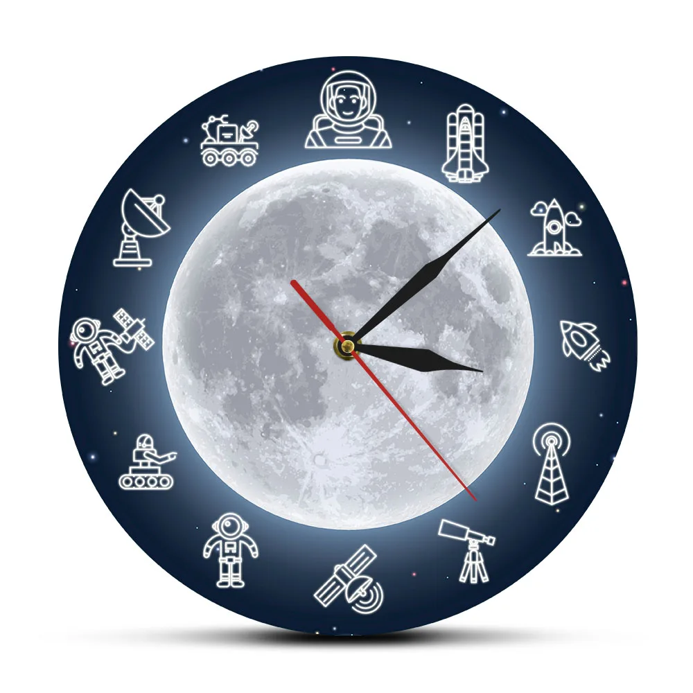 

Space Travel Moon Wall Art Modern Wall Clock Outer Space Astronaut Round Time Clock Wall Watch Science Surreal Galaxy Wall Decor