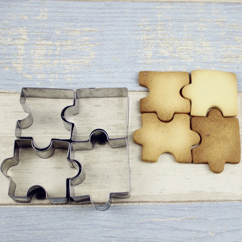 4Pcs/set 3D Stainless Steel Cookie Puzzle Shape Cookie Cutters Toast Cutter DIY Biscuit Dessert Bakeware Cake Fondant Mold