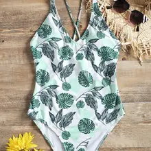 Монокини с принтом листьев, на шнуровке, с перекрестной спинкой, слитный купальник для женщин, сексуальный купальник, летняя пляжная одежда для девочек, купальный костюм