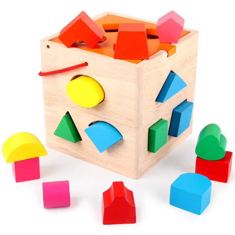 16 piece shape 13/16/17 PCS Shape Sort Cube Classic Wooden Toy Developmental Toy Easy-to-Grip Shapes Sturdy Wooden Construction For Baby Gifts - Цвет: 16 piece shape