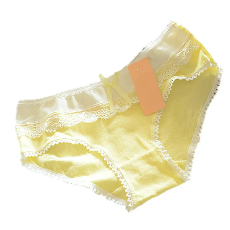 Милые женские разноцветные хлопковые мягкие кружевные трусики с бантиком, нижнее белье, трусики - Цвет: Цвет: желтый