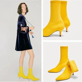 

Women Shoes Ankle Boots 2019 Fall Winter New Pointed Stiletto 6.5cm High Heel Short Tube Female Yellow Booties
