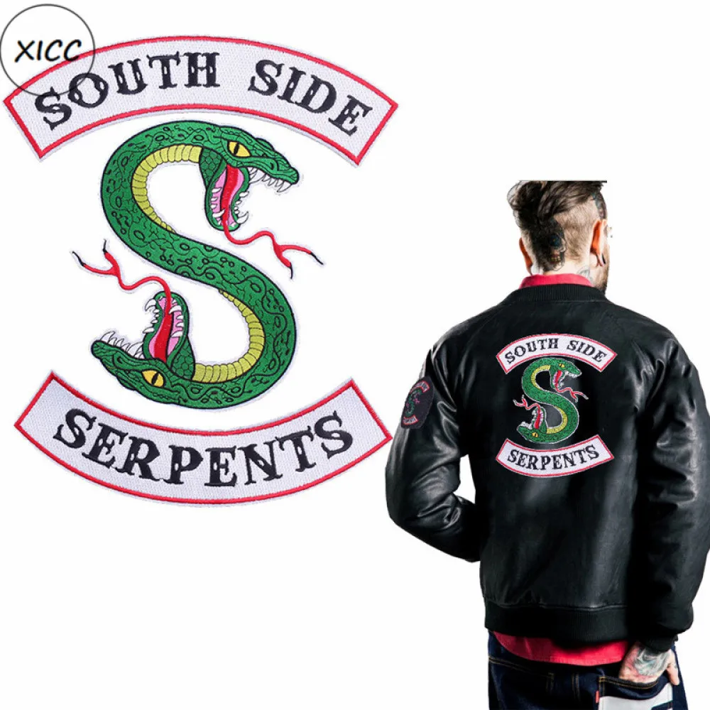 Большой Размеры ривердейл "South Side serpents" утюг на патчи для Костюмы, с рисунком героев из мультфильмов, два головой кобры вышитые наклейки аппликация