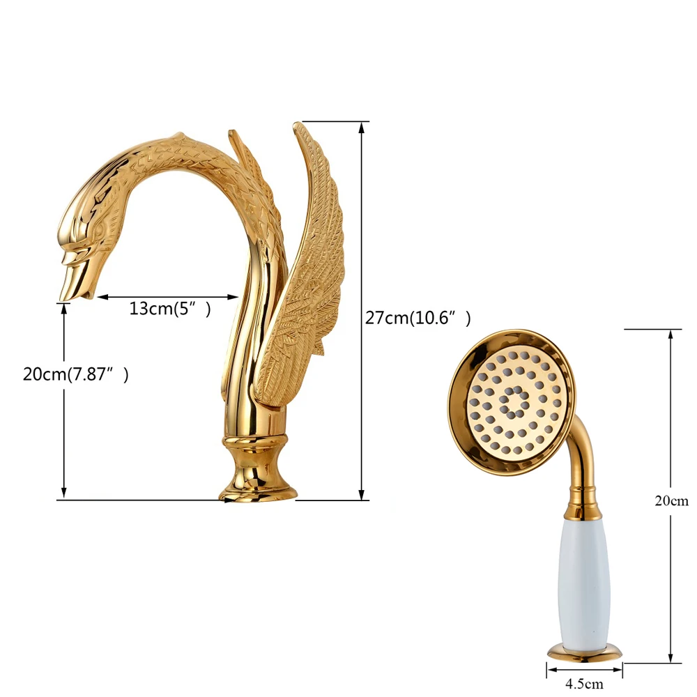 Хрустальная ручка Лебедь Золотой смеситель для ванны на бортике 5 широкий с отверстиями Смеситель для ванны с ручным душа