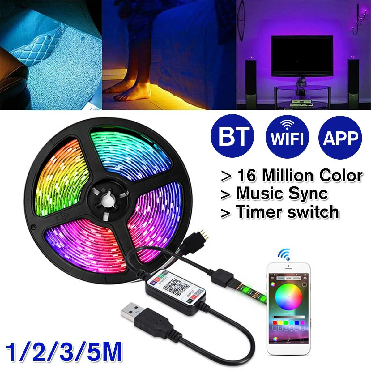 1-5m 5050 RGB LED Licht Stripe USB Leiste Streifen Band WiFi APP Controller NEU
