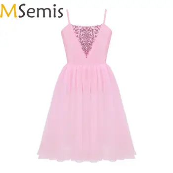 

MSemis Kids Girls Sequins Mesh Ballet Dress Spaghetti Shoulder Straps Lyrical Dance Gymnastics Leotard Ballerina Tutu Dancewear