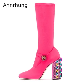 

Stretch Fabric Round Toe Runway Boots Women Jeweled Crystal Flower Buckle Belt Rhinestone Chunky Heel Winter Botas Mujer