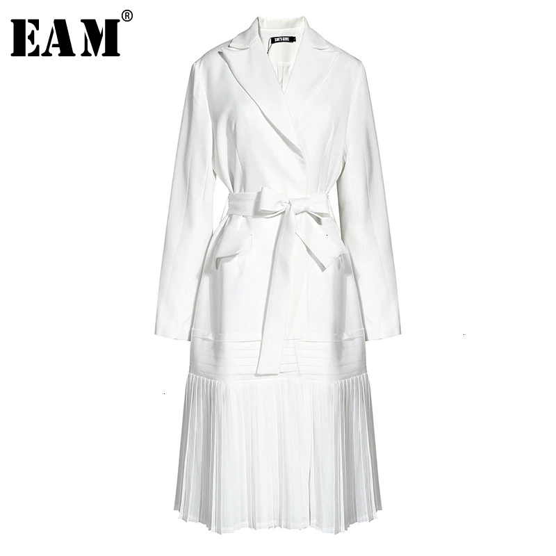 [EAM] Women White Pleated Bangage Trench New Lapel Long Sleeve Loose Fit Windbreaker Fashion Tide Autumn Winter 1H695