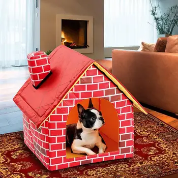 

Red Brick Dog House Detachable Washable Dog Bed Single Room Chimney House Dog Kennel Cattery Tent Nest Dogs Cats