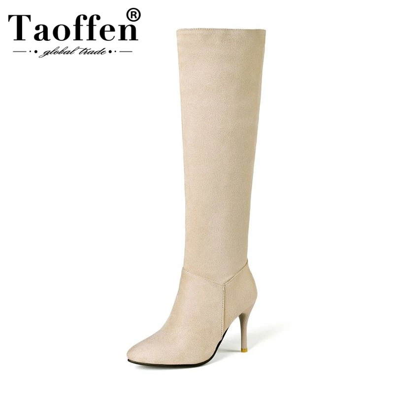 Taoffen Plus Size 34-46 Winter Long Boots Women Sexy Pointed Toe Knee High Shoes Casual Zipper Thin Heels Knight | Обувь