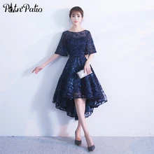 Темно-синие платья для выпускного вечера Элегантные Простые кружевные женские Короткие вечерние платья с круглым вырезом и блестками размера плюс