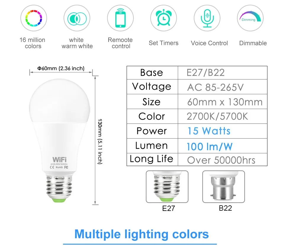 E27 WiFi умный светильник B22 RGB лампа 15 Вт 110 В 220 В лампы с регулируемой яркостью приложение Голосовое управление Совместимо с Amazon Alexa Google Home
