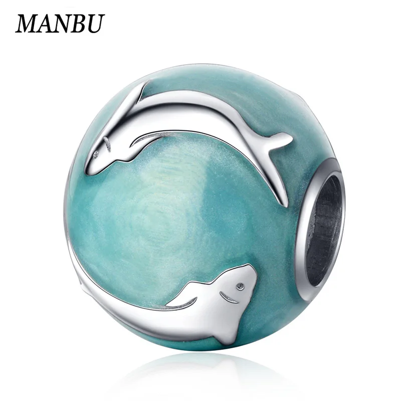 

MANBU 925 sterling silver blue ocean Enamel charm with cute animal dolphin charms beads diy fashion jewelry for women gifts Sale