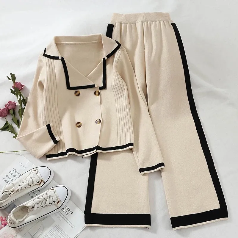 Casual Pants Sets Double-breasted Sweater Loose Wide Leg Pants Suits V ...