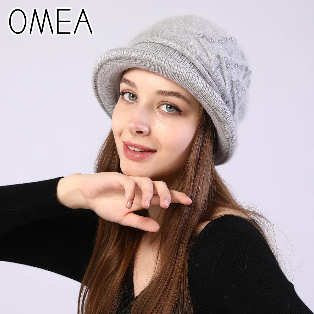 OMEA, зимняя фетровая шляпа, женская панама, шапка из ангорской кроличьей шерсти, с манжетами, вязаная теплая фетровая шляпа с жемчугом, черная шапка, церковная шапка из шерсти